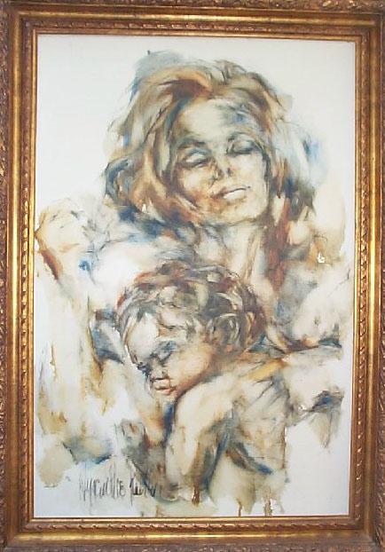 Hyacinthe Kuller, early mother and child oil painting on canvas, imported carved wood gold frame